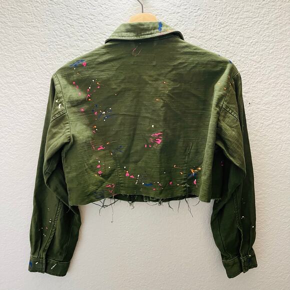 Pilcro Anthropologie Cropped Utility Jacket XSP Moss Splatter Military Artsy Raw - Picture 6 of 9